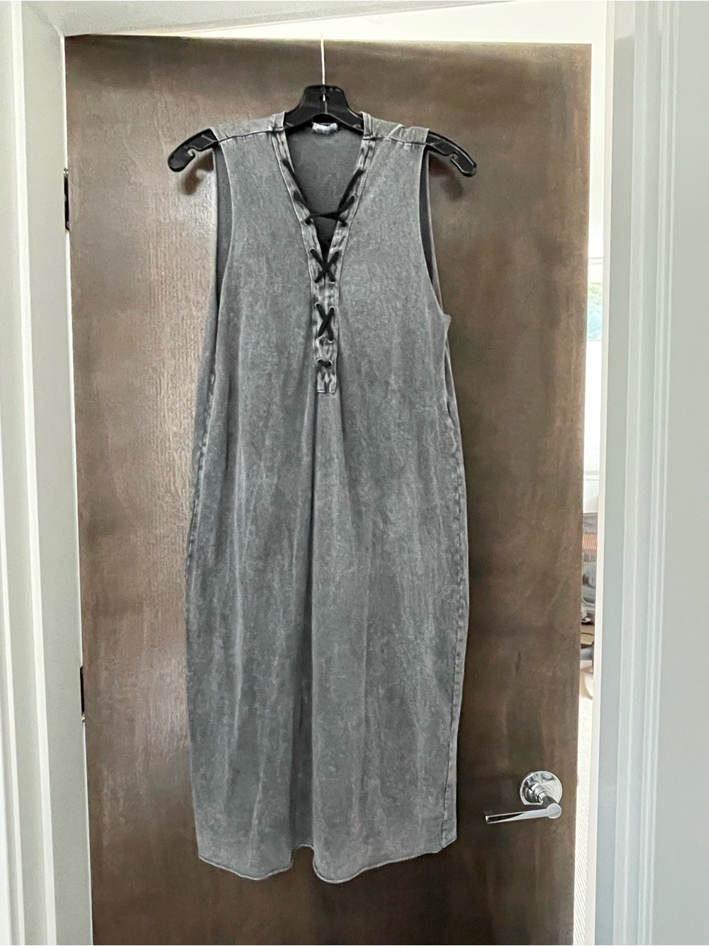 Zara Sleeveless Distressed knit Gray Lace-Up Midi Dress